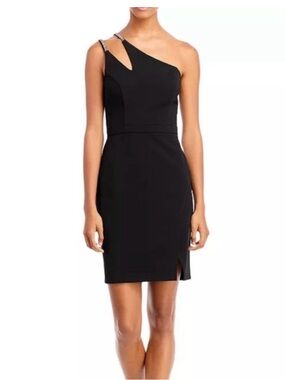 Aqua Black One-Shoulder Cocktail Dress with Embellished Strap made in USA
